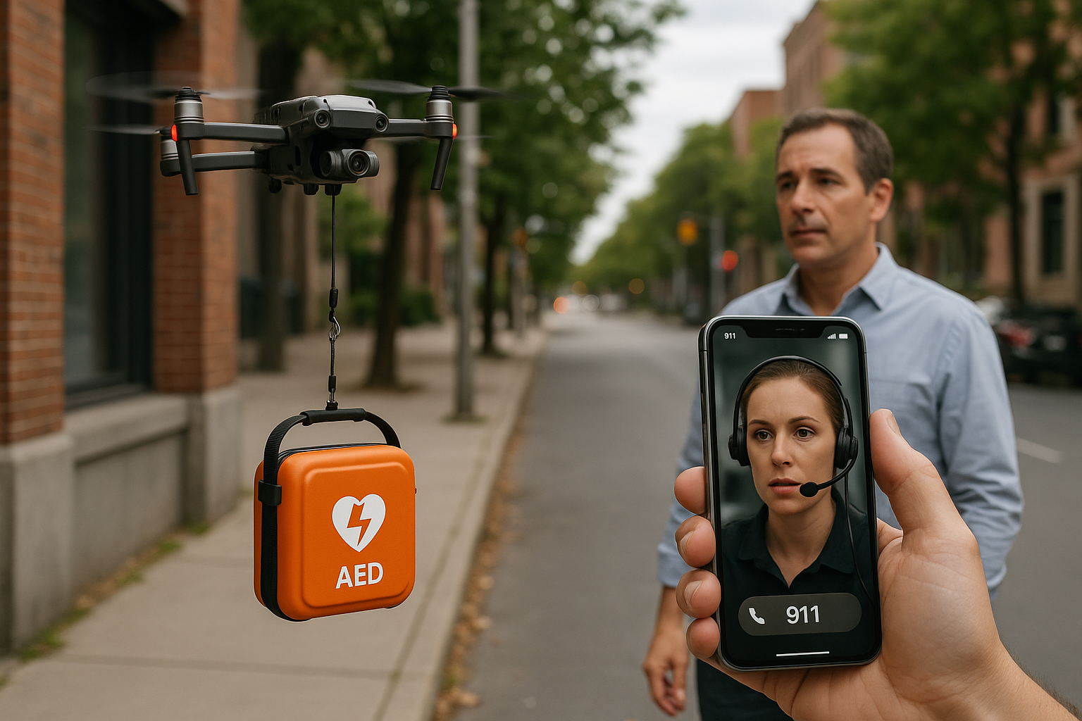 Drone delivering AED to a 911 bystander