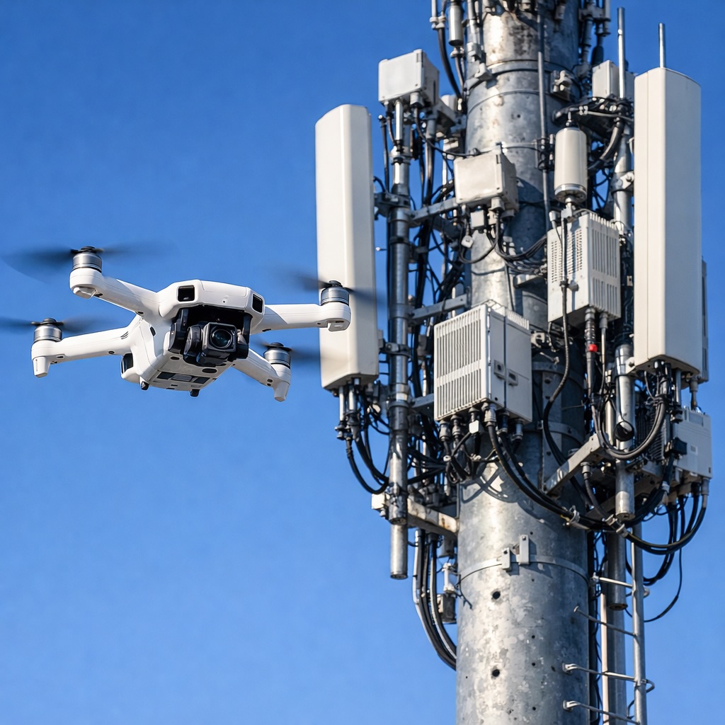 DJI drone inspecting cell tower