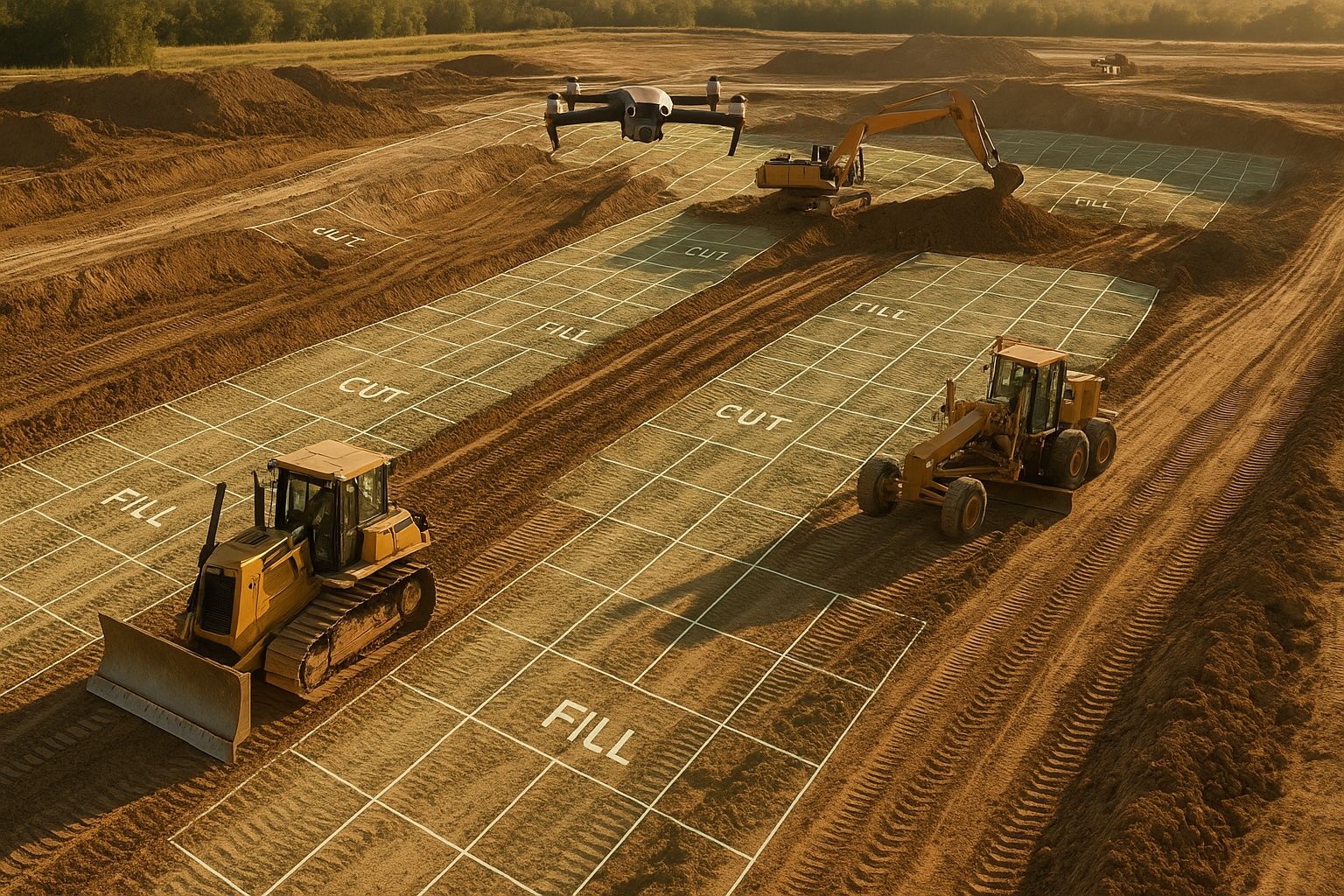 Drone monitoring earthwork progress on construction site