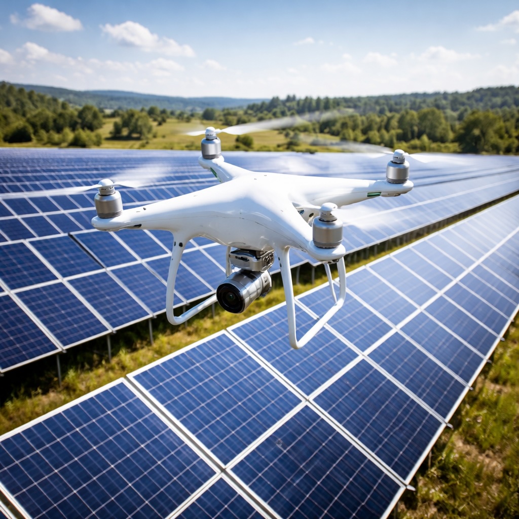 DJI drone inspecting solar panels