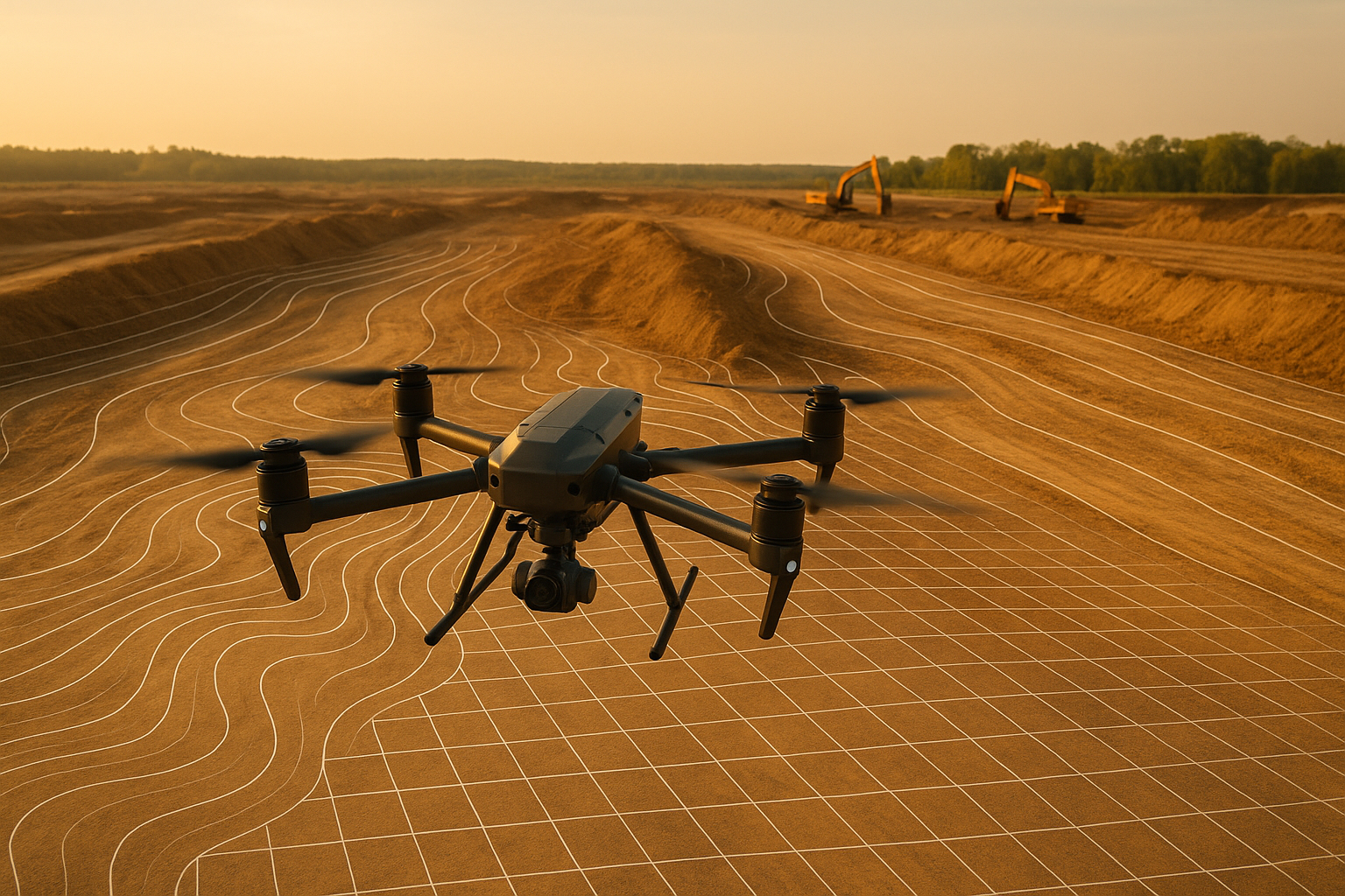 Drone performing topographic mapping on construction site